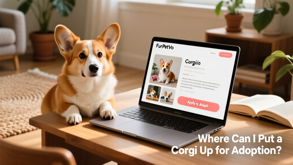 A laptop screen showing a FurPetVo profile page for a Corgi, with clear photo gallery, bio section, and 'Apply to Adopt' button