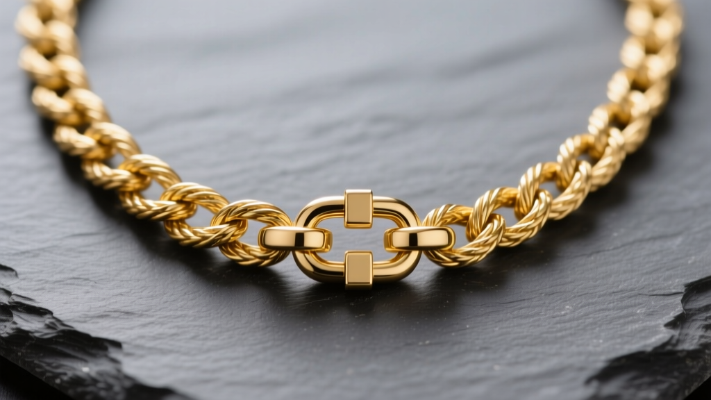 Close-up of a 6mm solid gold rope chain with a tongue-in-groove box clasp and safety latches, laid flat on dark gray slate.
