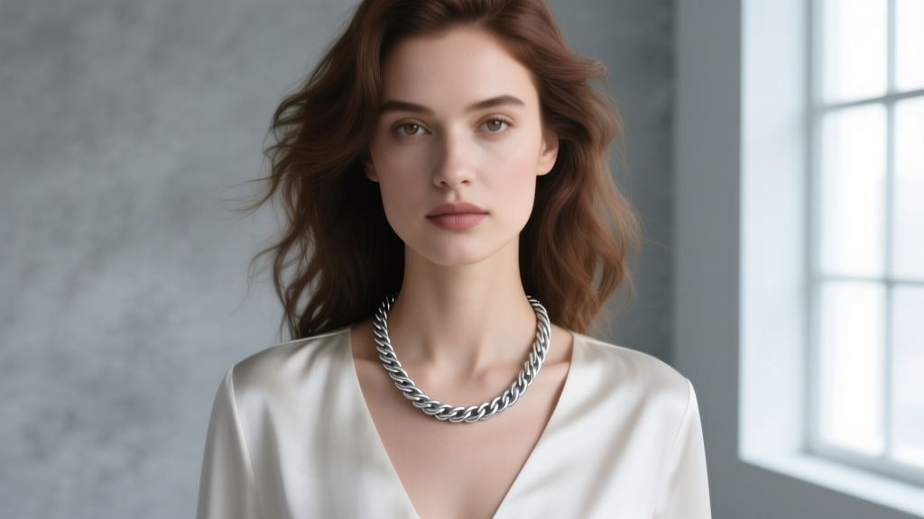 Woman wearing a rhodium-plated 925 silver rope chain necklace, illuminated by soft natural window light in a modern studio setting