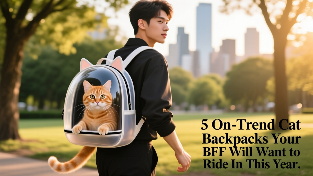 A stylish person wearing a bubble-style cat backpack with a curious cat peeking out of the clear front panel