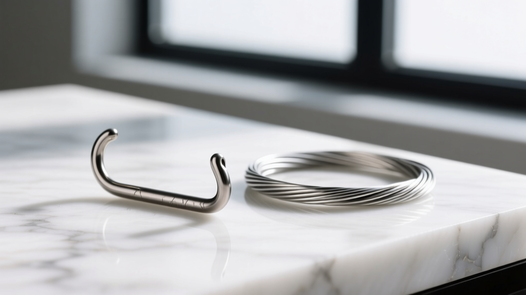 Macro photo comparing a 20-gauge titanium french hook wire next to a 22-gauge sterling silver wire on a clean white marble surface.