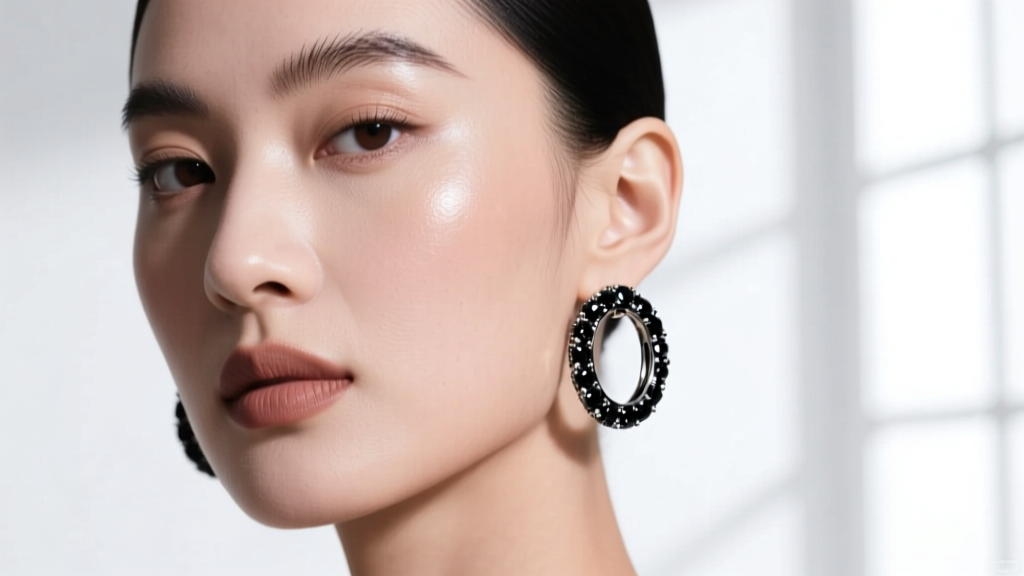 Close-up of a model wearing sleek 14k black rhodium huggie hoops with pavé black zirconia stones against a soft studio backdrop