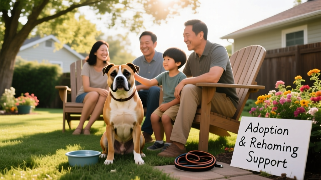 A friendly American Staffordshire Terrier sitting calmly beside a family in a sunlit backyard