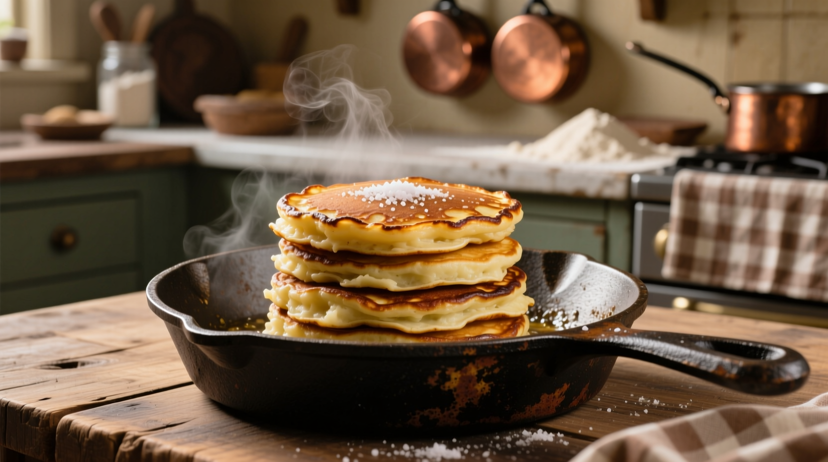 Golden brown mashed potato pancakes on cast iron skillet