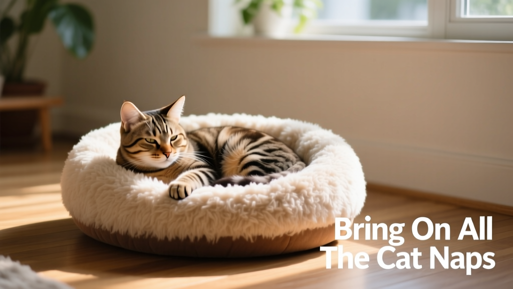 A relaxed tabby cat curled up in a soft donut-shaped cat bed with shaggy faux fur