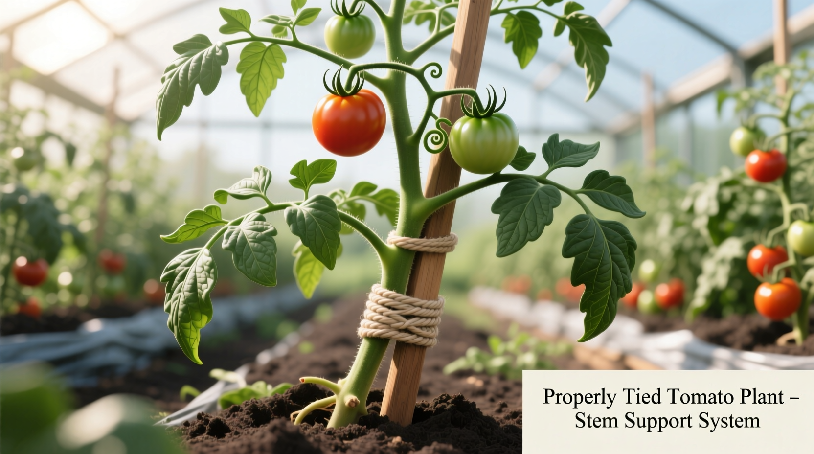 Properly tied tomato plant showing stem support
