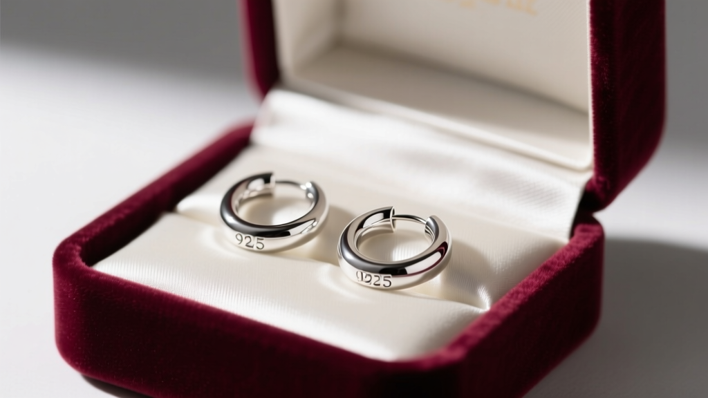 Close-up of an open velvet gift box revealing a pair of polished 925 sterling silver huggie hoop earrings resting on satin