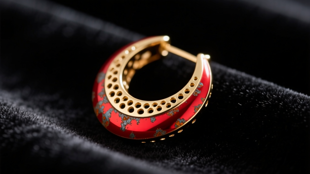 Macro shot of a festive red and gold holiday earring on dark velvet, showing porous metallic plating and subtle oxidation