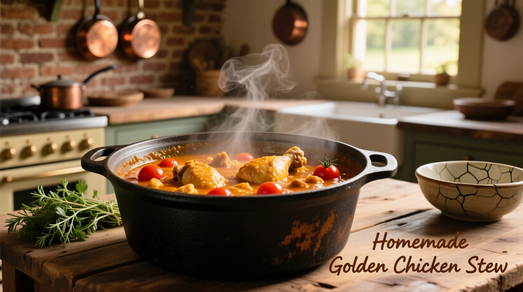 Golden chicken tomato stew in cast iron pot