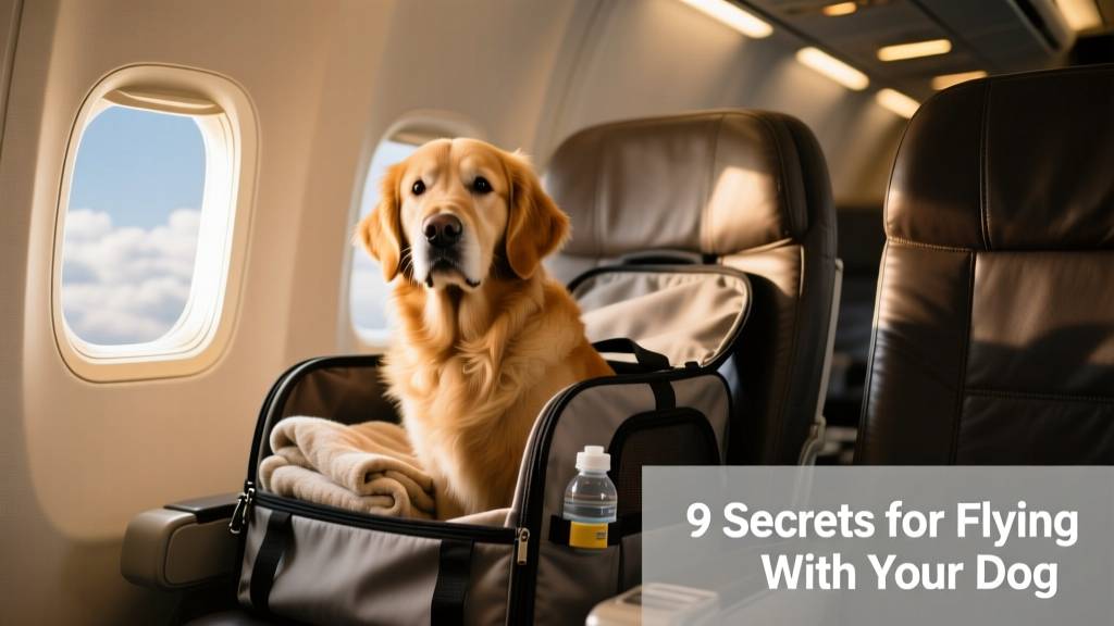 A calm dog sitting comfortably inside an airline-approved soft-sided carrier under an airplane seat