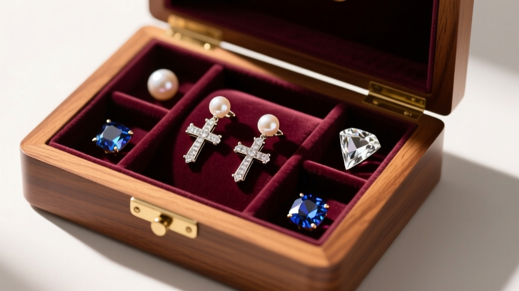 Lined wooden jewelry box with velvet compartments, storing pearl cross earrings safely away from harder diamond and sapphire gems.