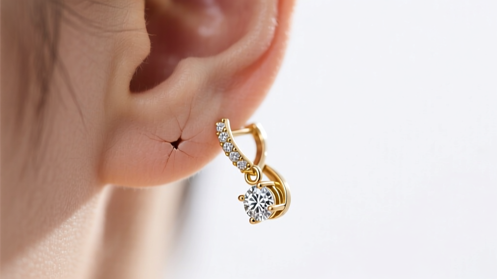 Close-up of an earlobe wearing an 18k white gold dangle diamond earring tilting forward, highlighting the mechanical flip flaw