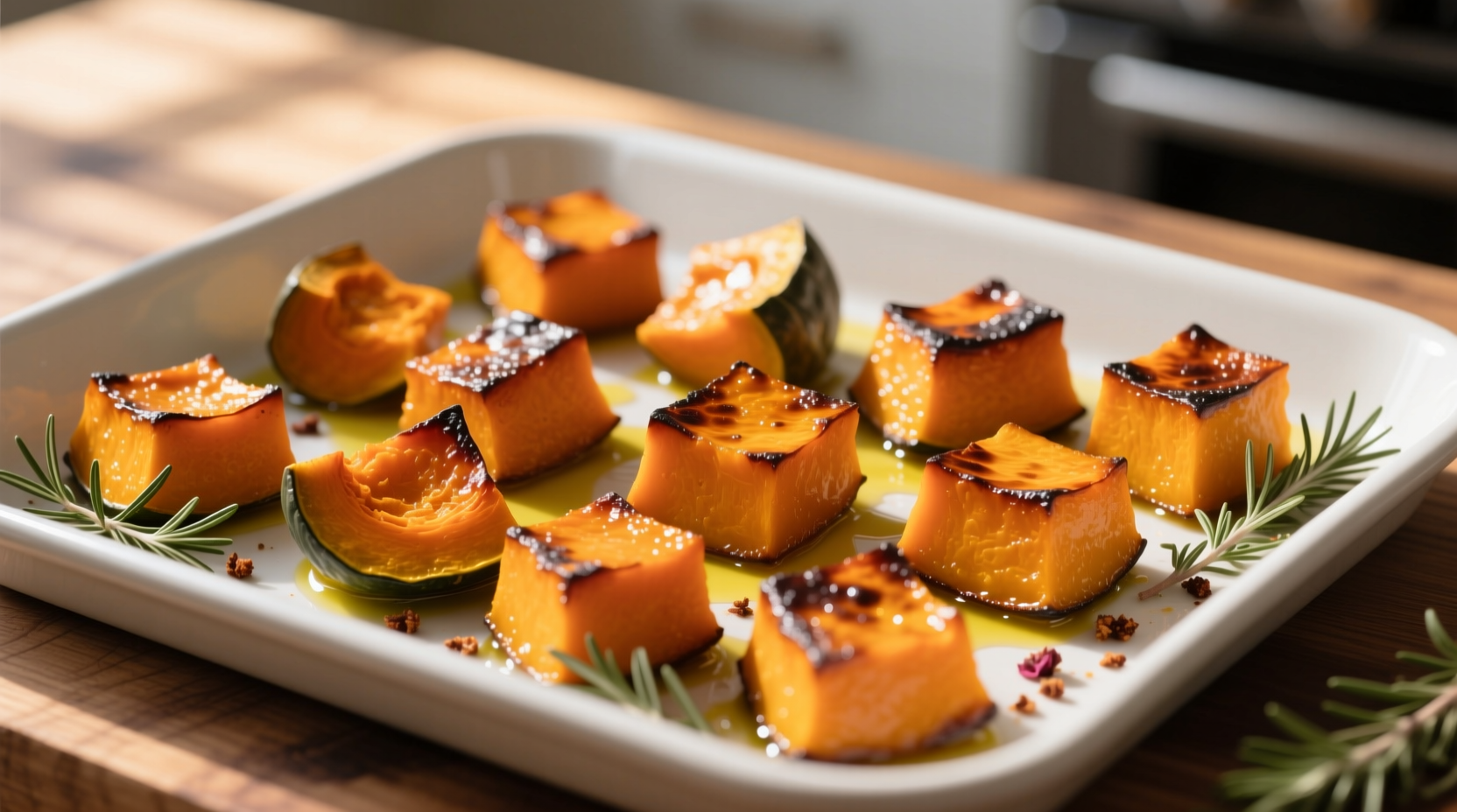 Golden roasted butternut squash cubes on baking sheet