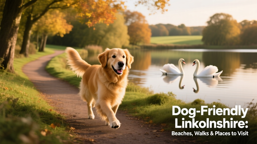A golden retriever trotting along a tree-lined path in Hartsholme Country Park, with swans gliding across Swanholme Lake in the background