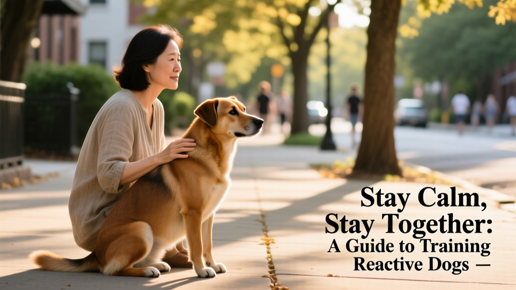 A calm dog sitting beside its owner on a quiet sidewalk, focused and relaxed
