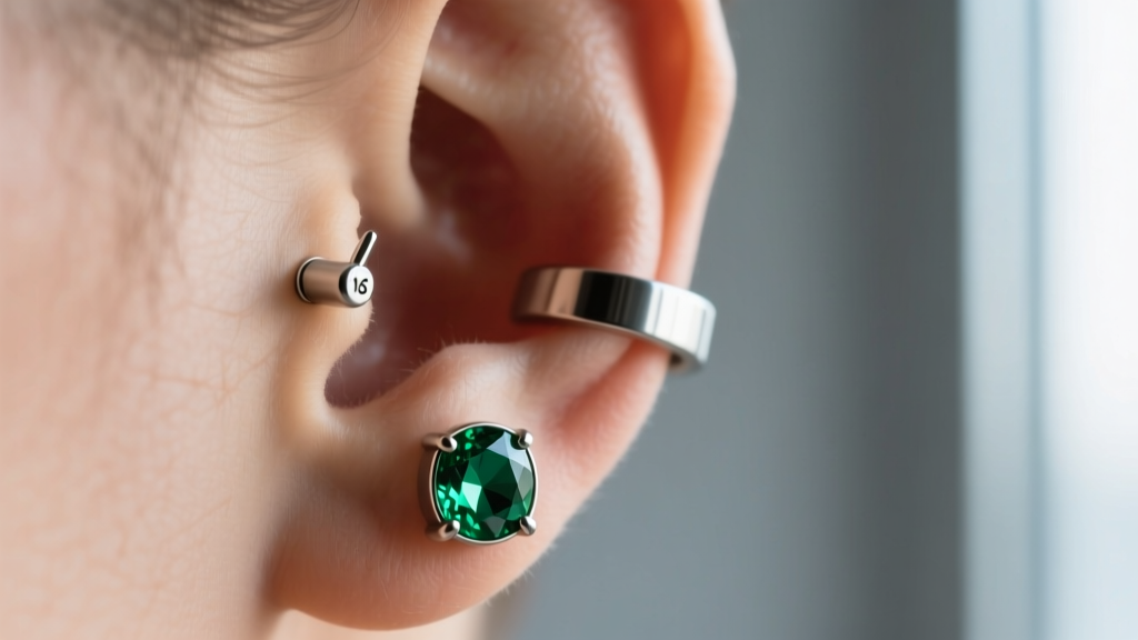 Profile of an ear wearing a 16-gauge titanium cartilage stone hoop in the helix, showing thick metal and a secure bezel setting.