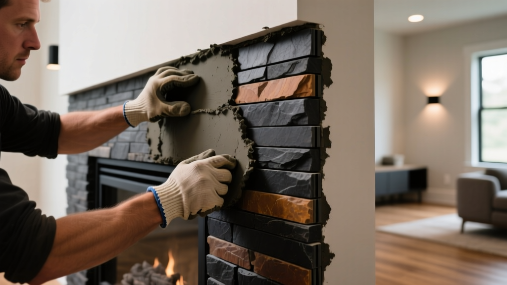 Close-up of a mason applying Type S mortar to install dark stacked manufactured stone veneer on a modern living room fireplace surround