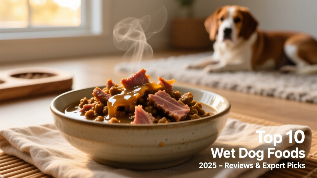 Close-up of a bowl of premium wet dog food showing tender shreds and gravy