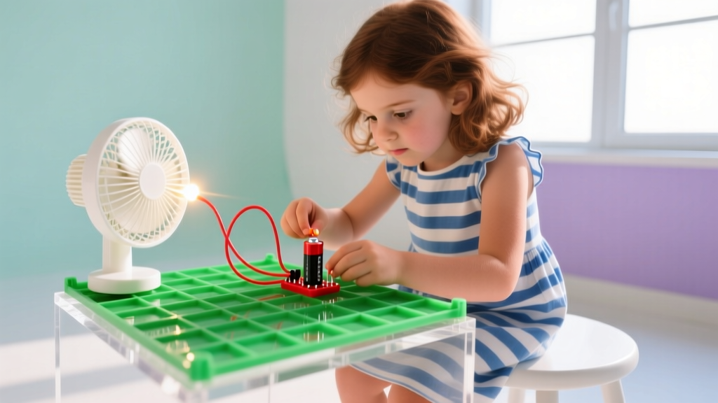 Seven-year-old girl connecting a red snap-circuit wire to a battery module on a green plastic grid to power a small LED fan