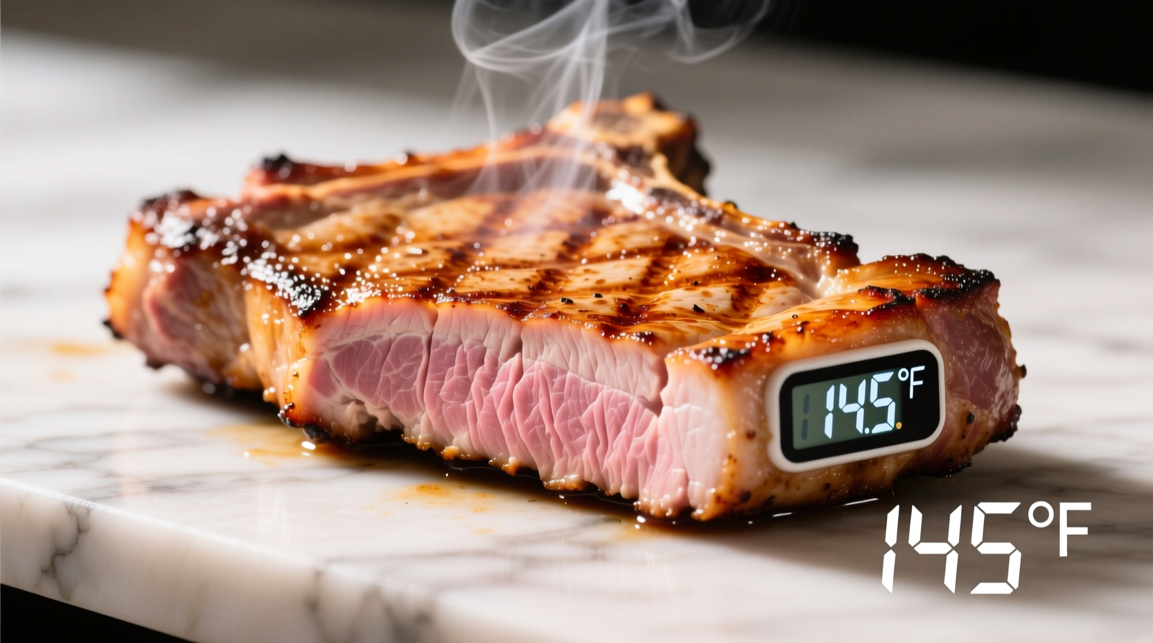 Perfectly cooked pork chop showing internal temperature reading