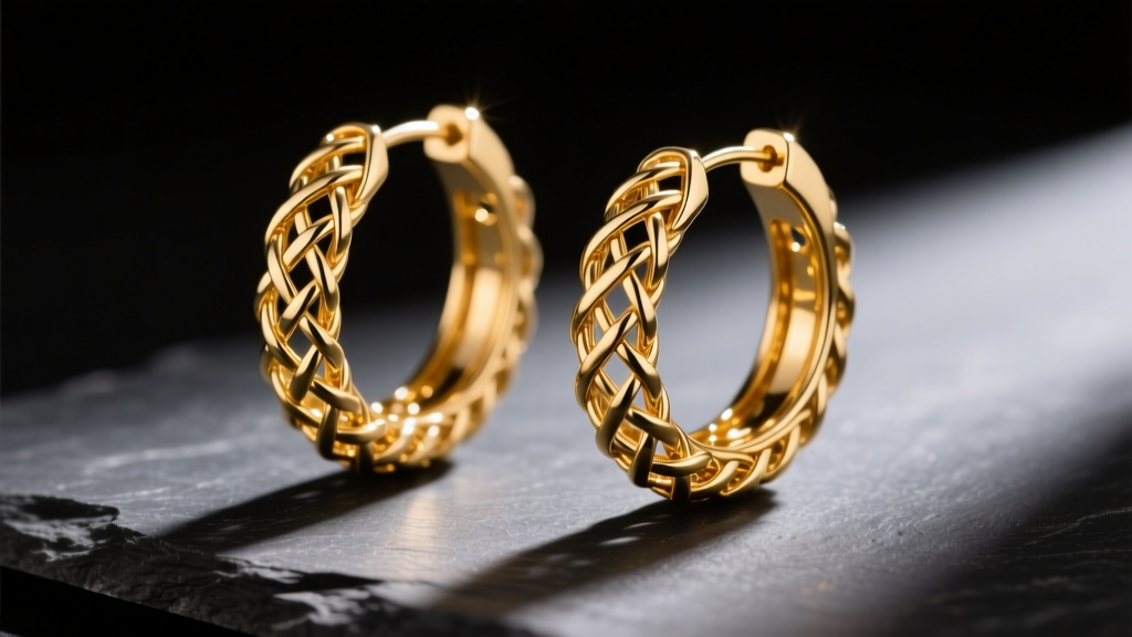 Close-up of solid 14k gold woven mesh hoop earrings catching warm sunlight, resting on dark slate with soft, dramatic shadows.