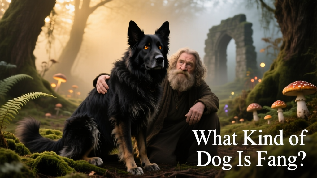 Fang sitting beside Hagrid in the Forbidden Forest, looking gentle and slightly nervous