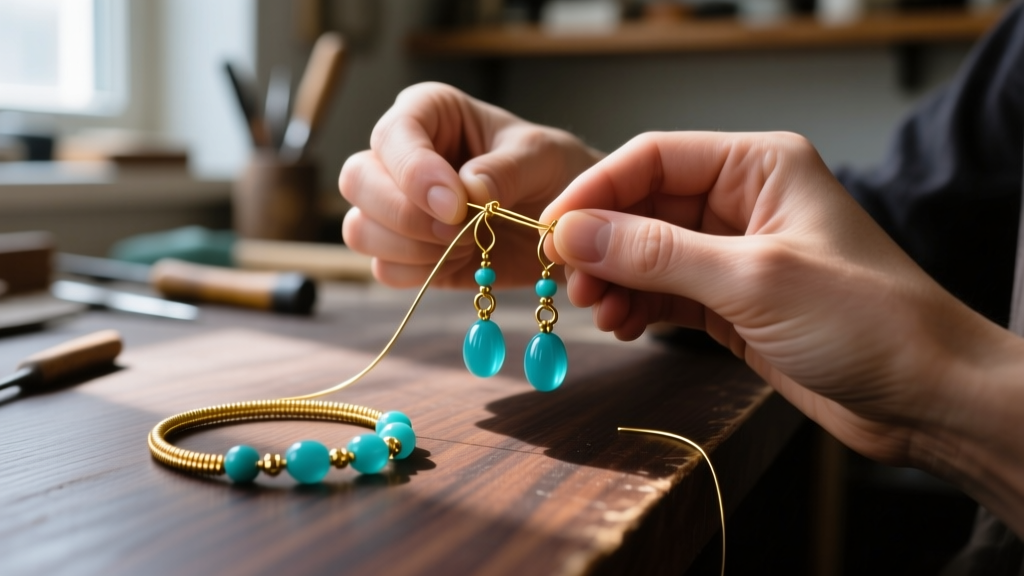 Hands crafting beaded earrings with 22-gauge gold wire and matte turquoise glass beads on a dark wooden jewelry workbench surface