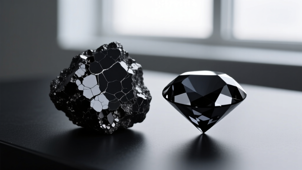 Macro photo of a porous natural carbonado black diamond beside a smooth, uniformly dark irradiated treated black diamond gemstone