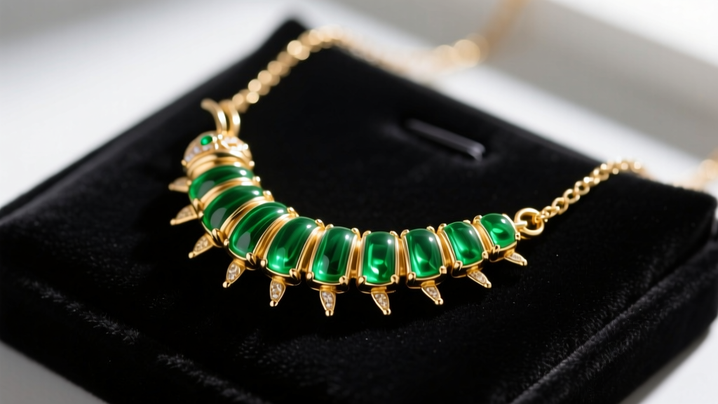 Macro shot of a 14k gold caterpillar pendant necklace with green vitreous enamel segments on a dark velvet jewelry display pad.