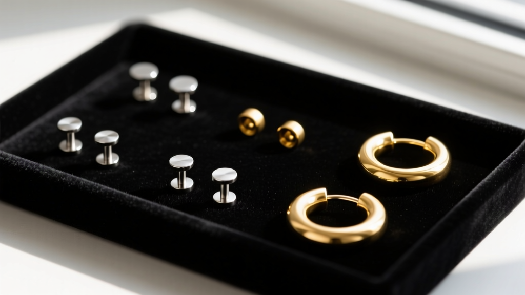 Flat lay of threadless titanium labret studs and 16-gauge gold huggie hoops arranged on a dark velvet jewelry display tray.