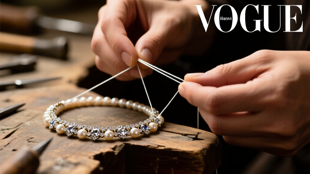 Hands restringing an antique pearl and diamond necklace with white silk thread on a wooden workbench under warm, focused lighting.