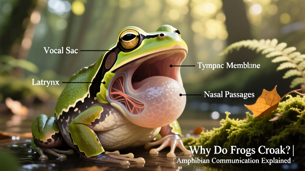 Close-up illustration showing a male frog inflating its vocal sac while croaking, with labeled anatomy