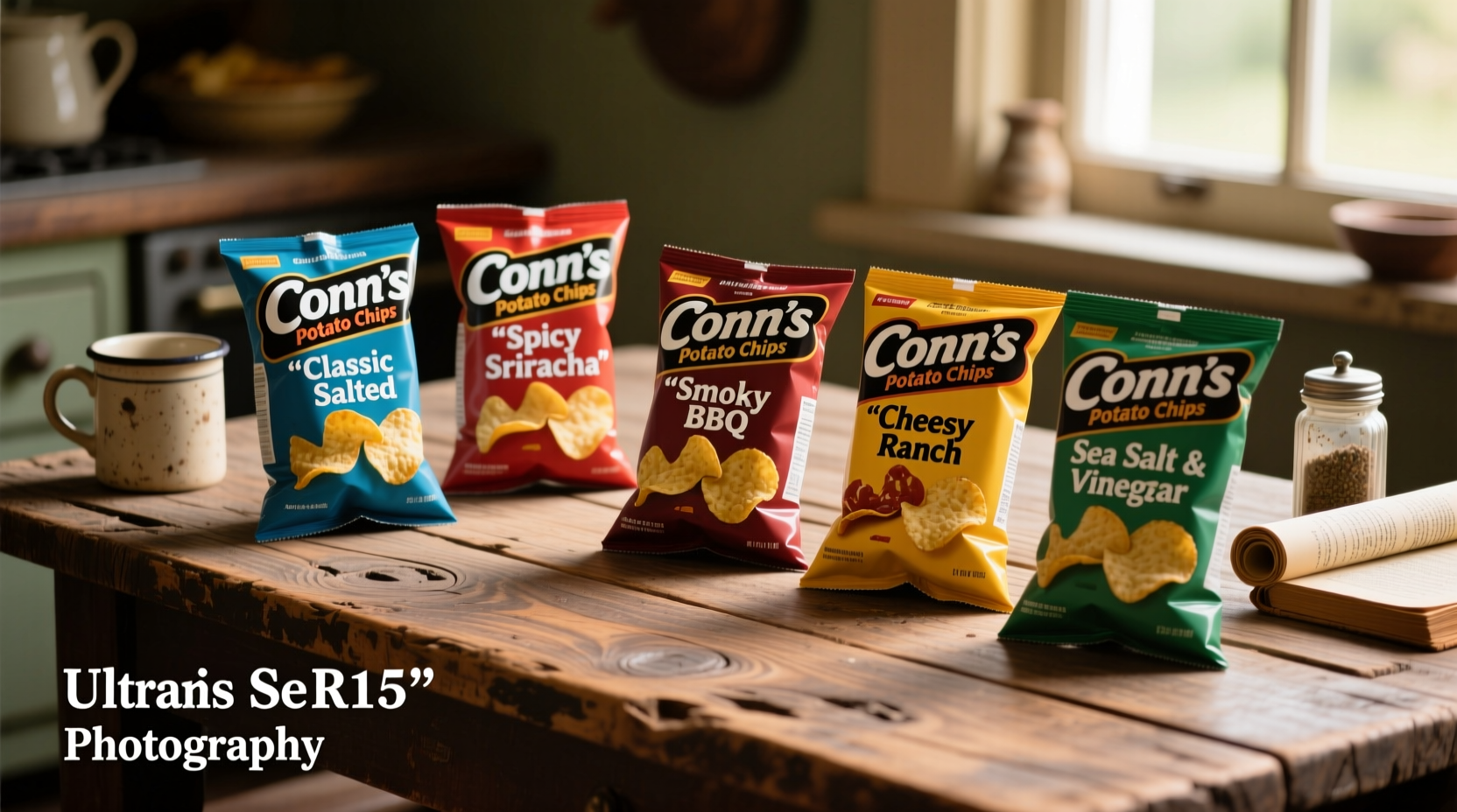 Conn's Potato Chips flavor varieties displayed on wooden table