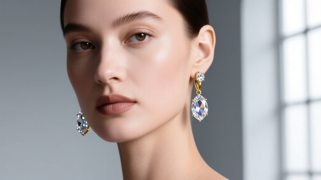 Close-up of a model wearing crystal drop earrings, soft studio lighting highlighting faceted glass and gold-tone metal hardware.