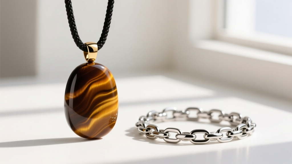 A men's jewelry display featuring a tiger's eye pendant on a black waxed cotton cord next to a 316L stainless steel Figaro chain.