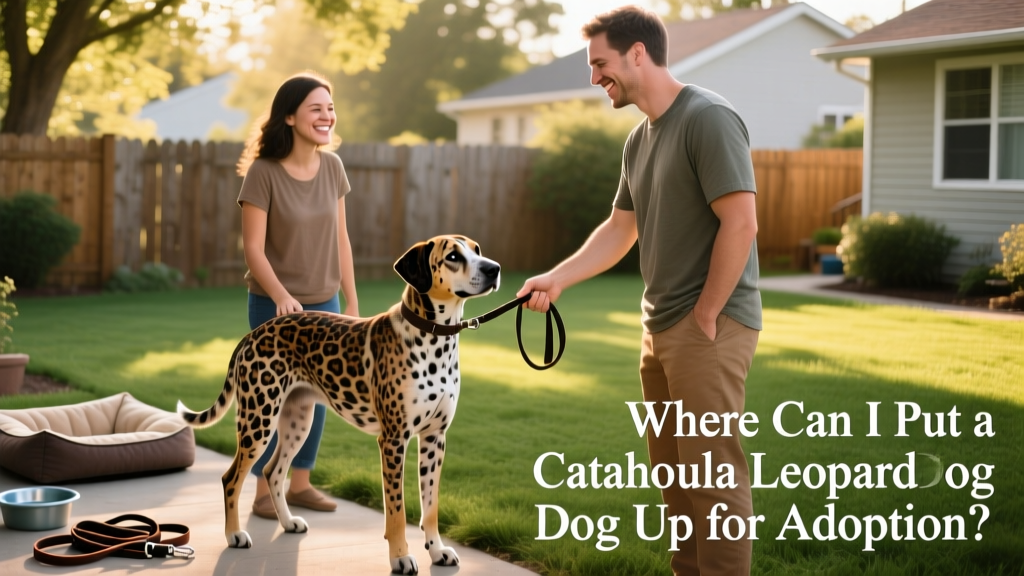 A smiling person handing over a leash to another smiling person while their Catahoula Leopard Dog sits calmly between them