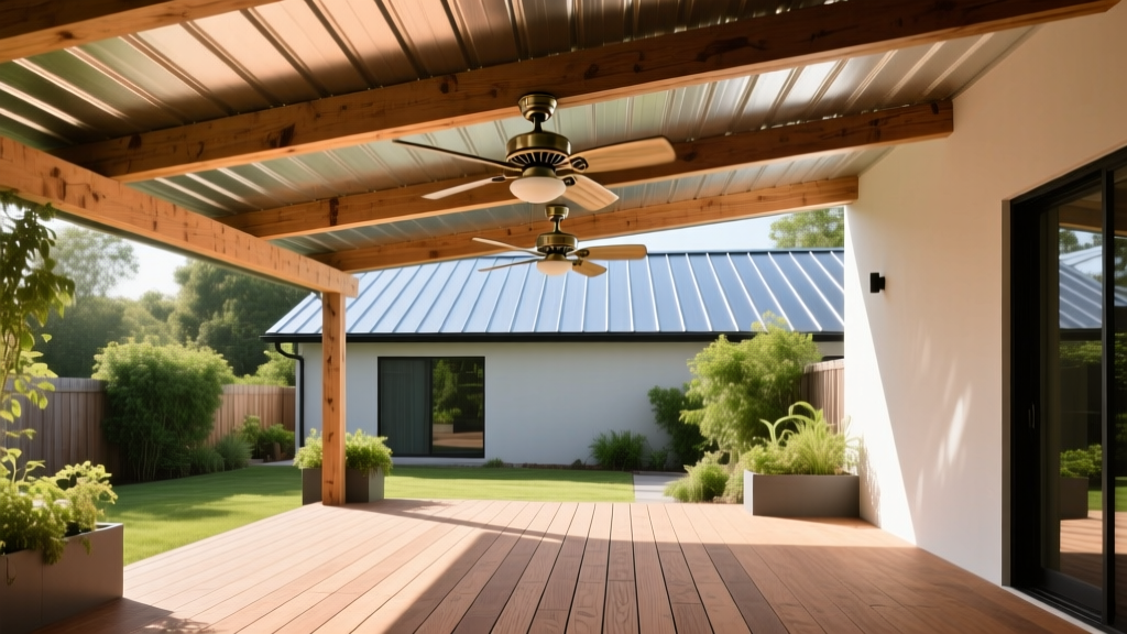 Backyard patio with a standing seam metal deck roof over composite wood decking, featuring exposed timber beams and ceiling fans