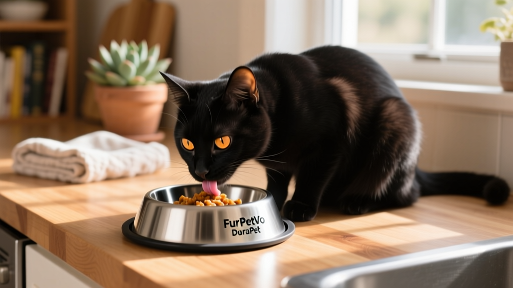 A cat eating from the FurPetVo DuraPet Premium Stainless Steel Pet Dish