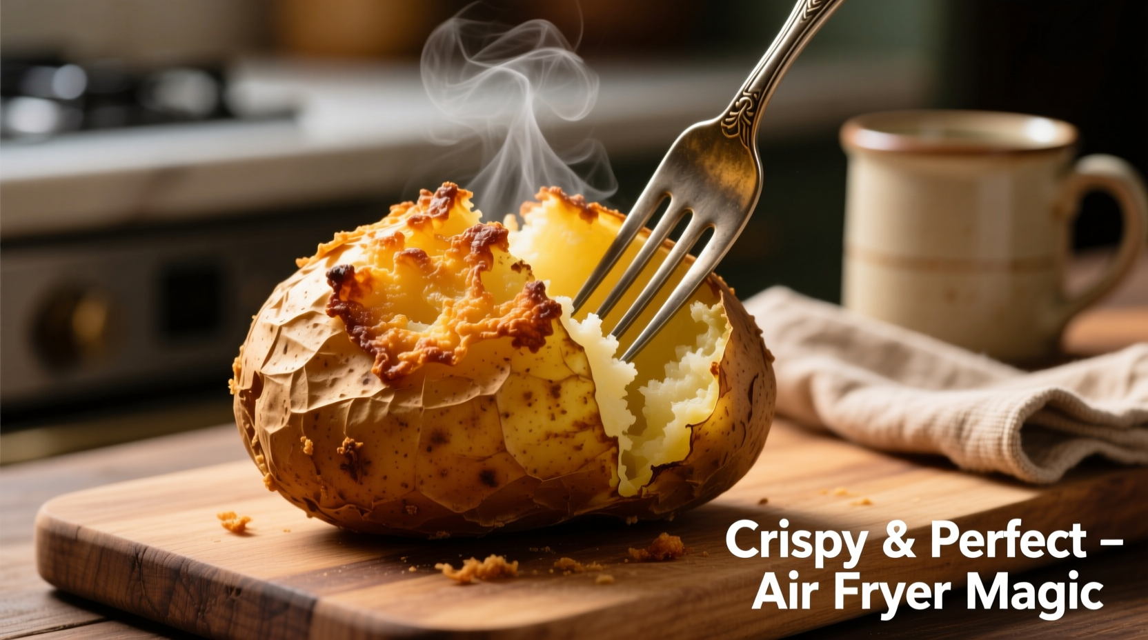 Crispy air fryer baked potato with fork
