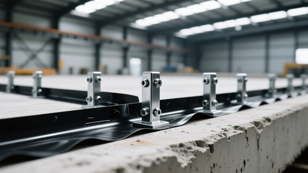 Close-up of galvanized steel metal studs being installed over a black butyl sill sealant membrane on a concrete slab inside a steel warehouse