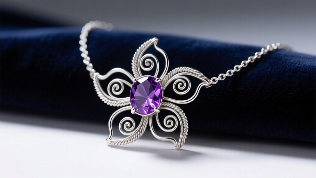 Handcrafted sterling silver wire flower necklace with a central amethyst cabochon resting on dark velvet under soft studio lighting