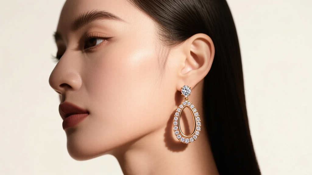 Side profile of a woman wearing 18k rose gold kidney bean drop earrings with diamond pavé, illuminated by warm studio lighting