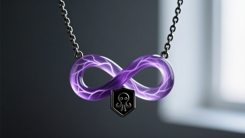 Macro shot of a custom necklace with a purple resin infinity stone and black enamel Squid Game guard symbol on a dark steel chain
