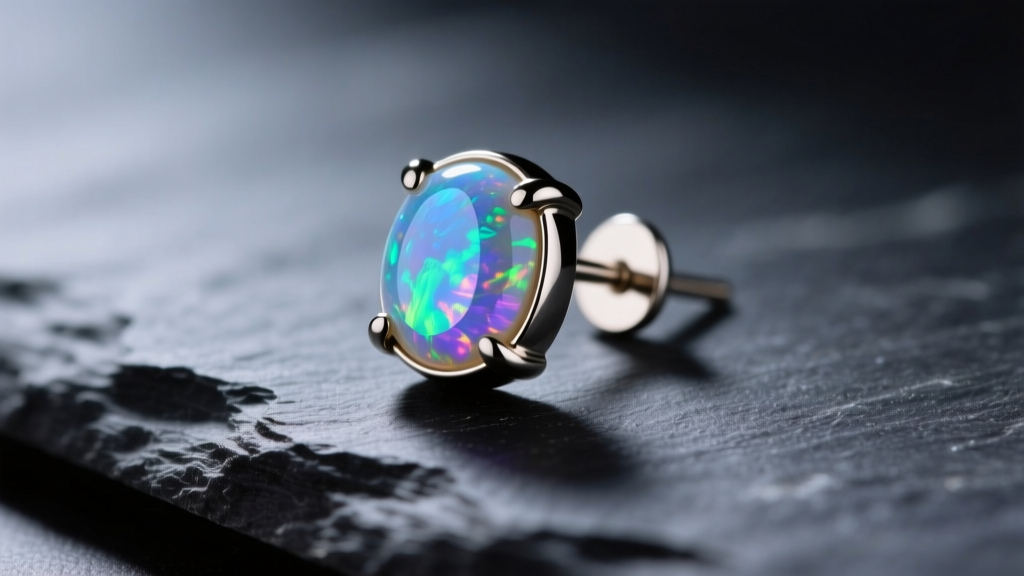 Macro shot of a 16-gauge titanium flat back earring with an opal top, resting on dark slate under soft lighting.