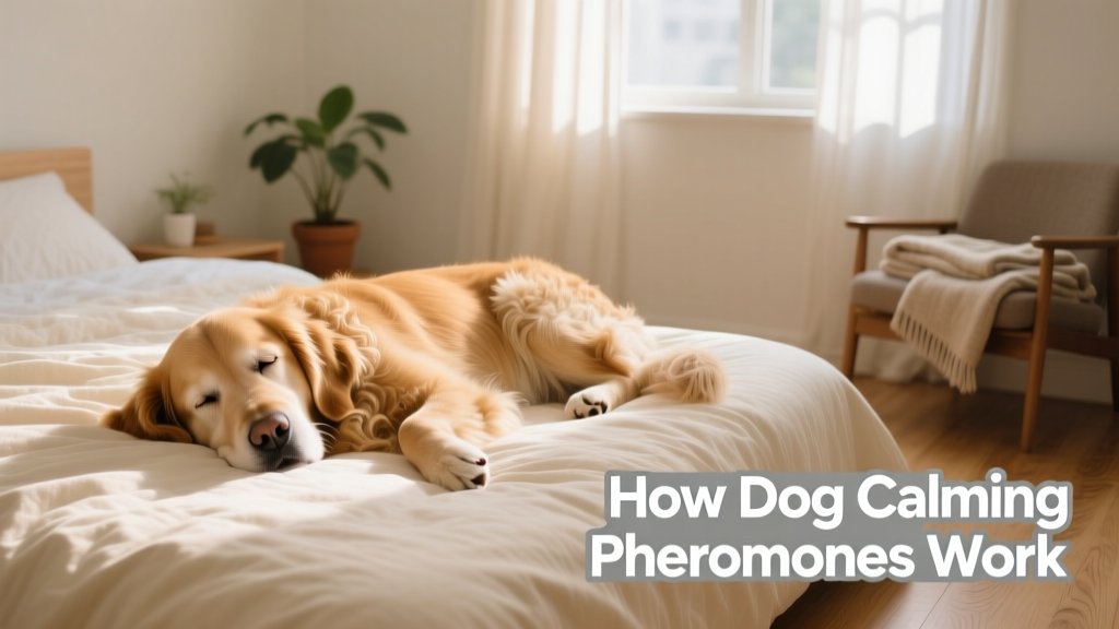 A calm, relaxed dog resting on soft bedding in a quiet room