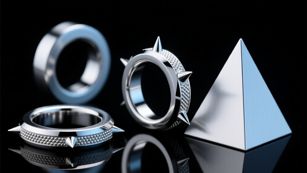 Detail of 316L stainless steel O-rings and pyramid spikes for punk jewelry, showing TIG weld points against a black backdrop.