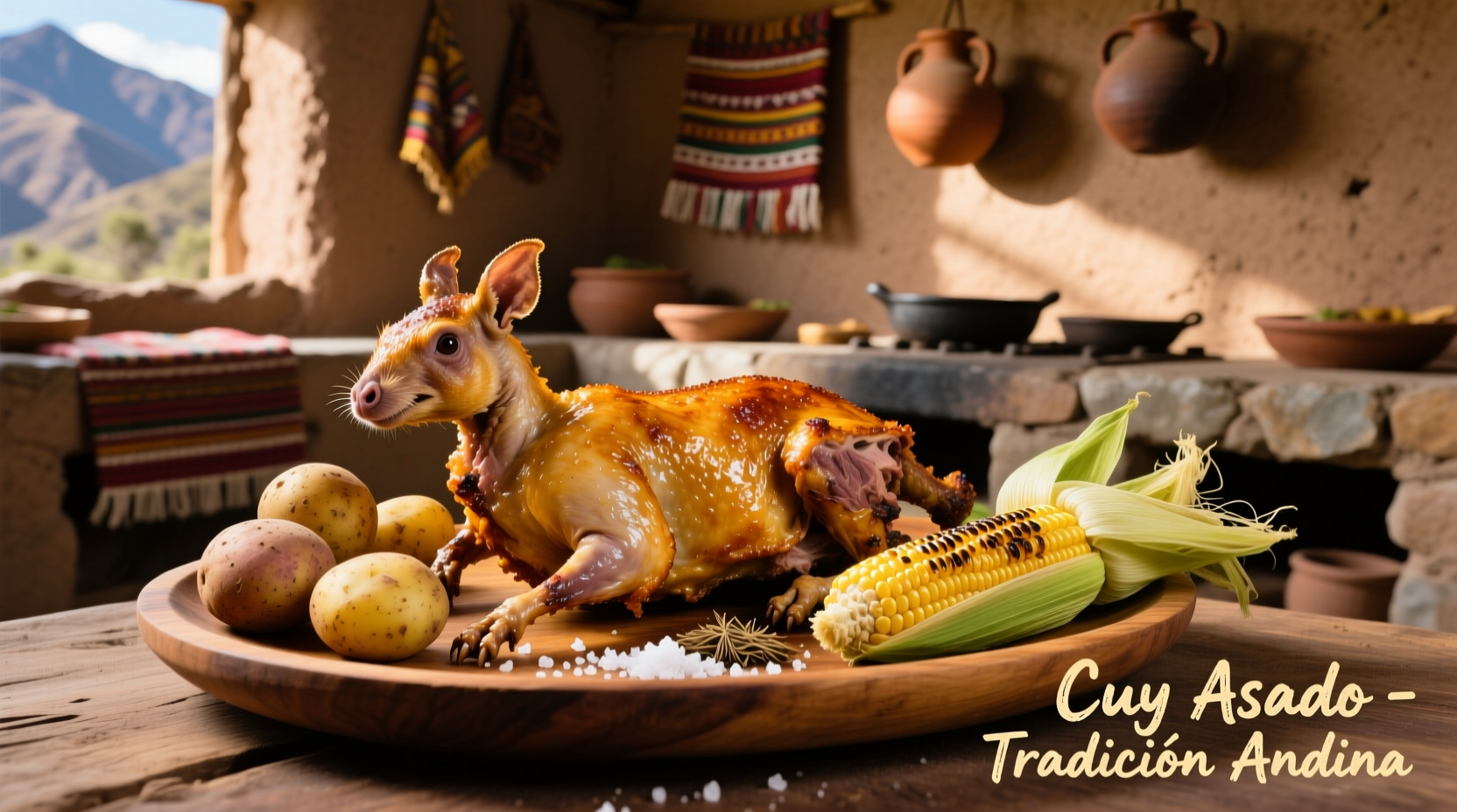 Traditional roasted guinea pig served with potatoes and corn