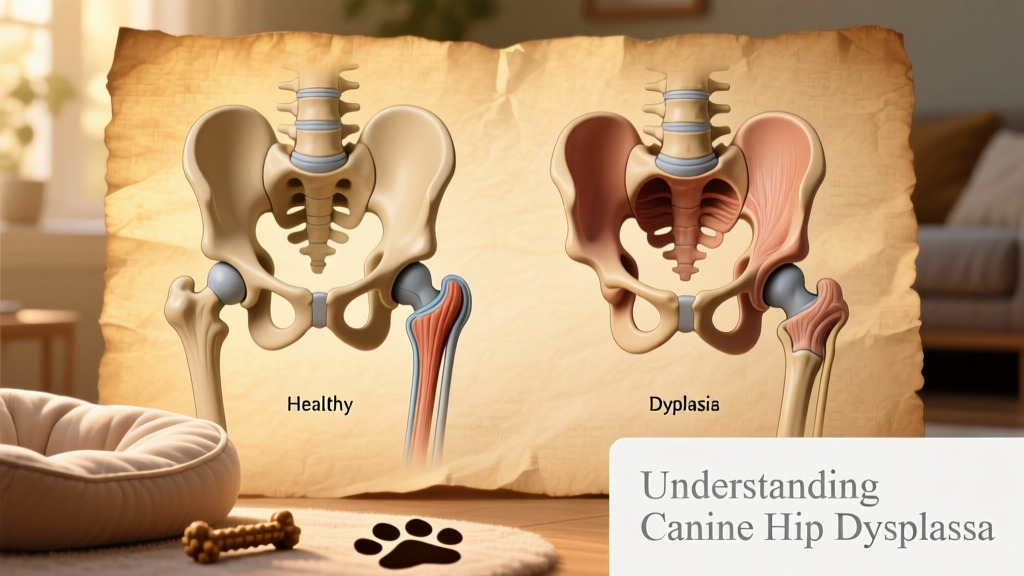 Side-by-side illustration showing a healthy canine hip joint versus one affected by hip dysplasia