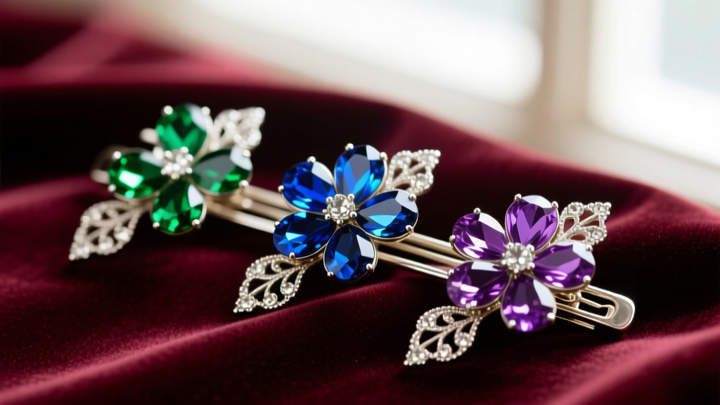 Macro shot of 1940s rhinestone floral dress clips on velvet, highlighting foiled glass stones and intricate rhodium metalwork.