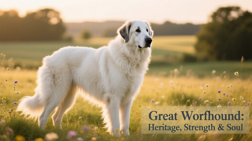 A majestic adult Great Wolfhound standing calmly in a grassy field, showing its thick white coat and proud stance